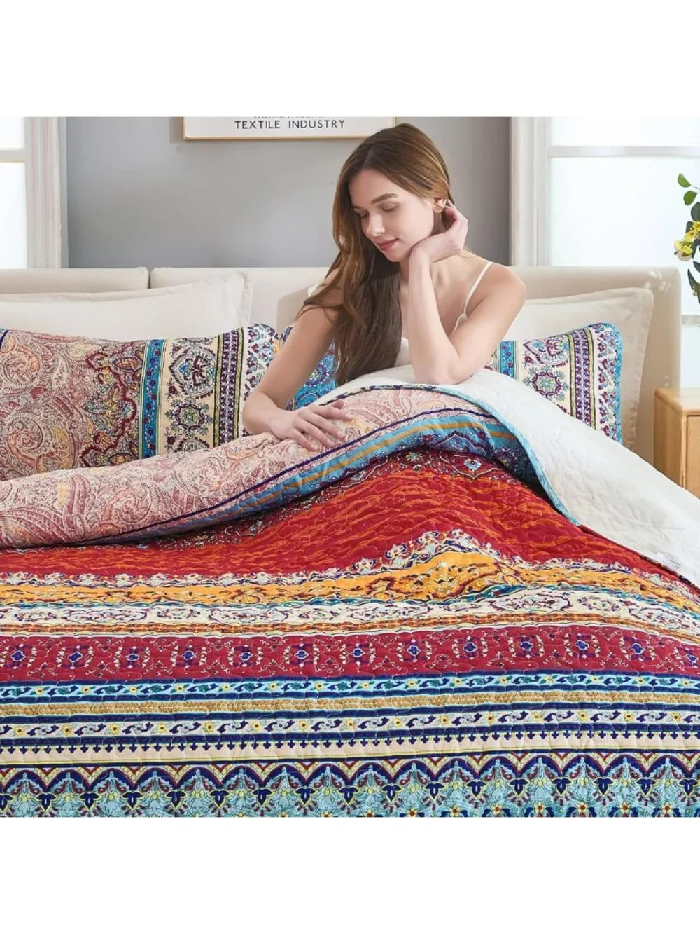 Boho Queen Quilt Set - Colorful Striped Bedding, Lightweight Microfiber, 3